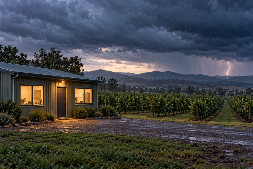 An enclosed farm building beside empty orchard rows beneath a developing thunderstorm.