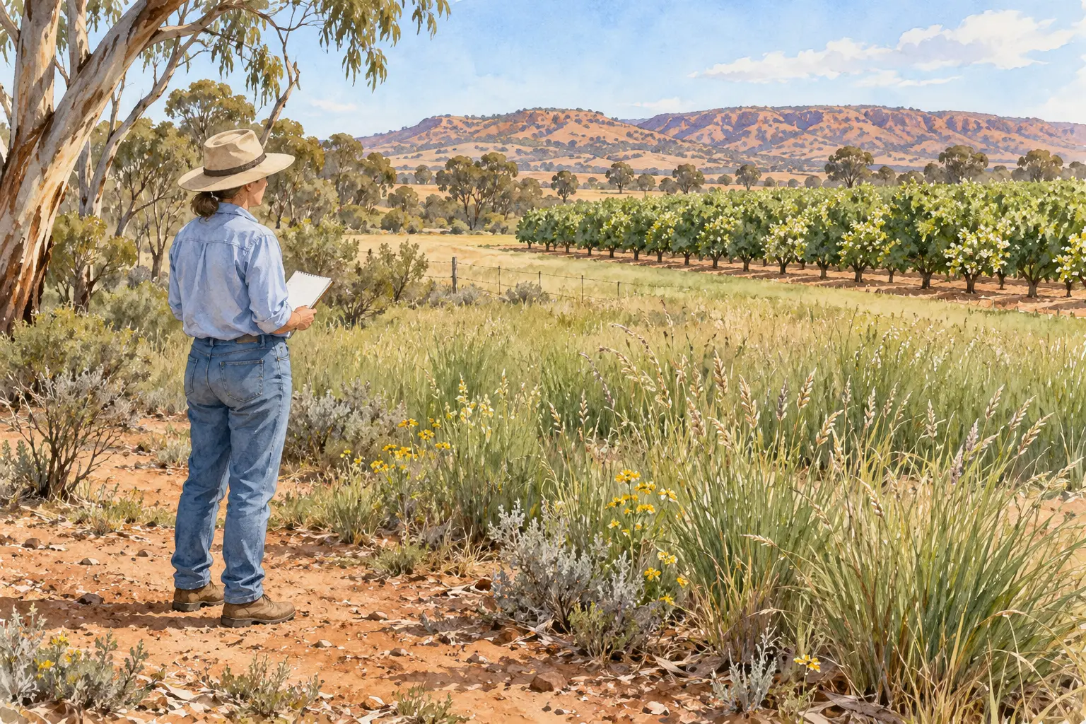 Illustrated supervisor with a notebook observing grass at a fictional Mallee farm edge.