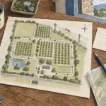 Illustrated fictional orchard route sketch beside a blank delivery instruction card.