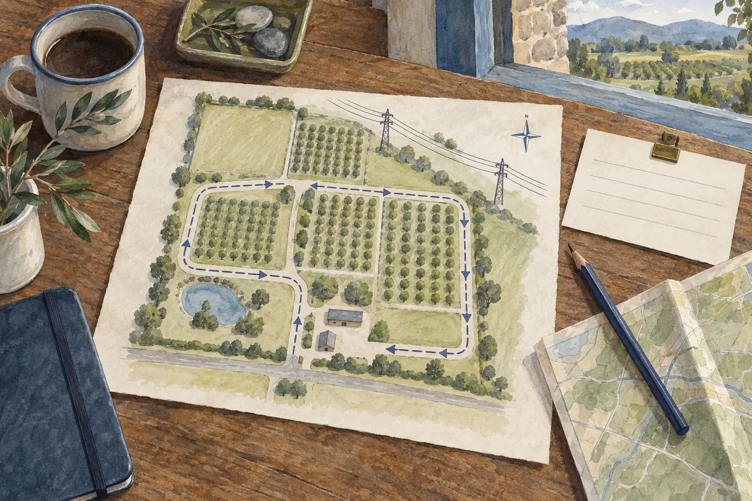 Illustrated fictional orchard route sketch beside a blank delivery instruction card.