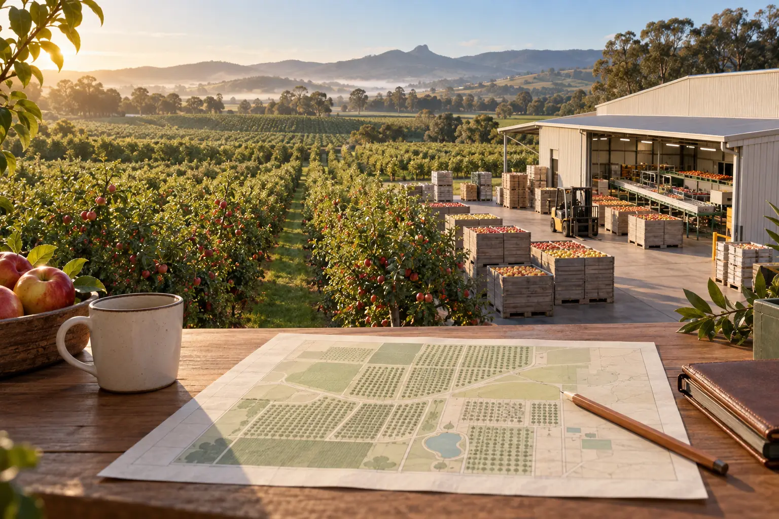 Orchard and packing shed with harvest bins and a block planning map.