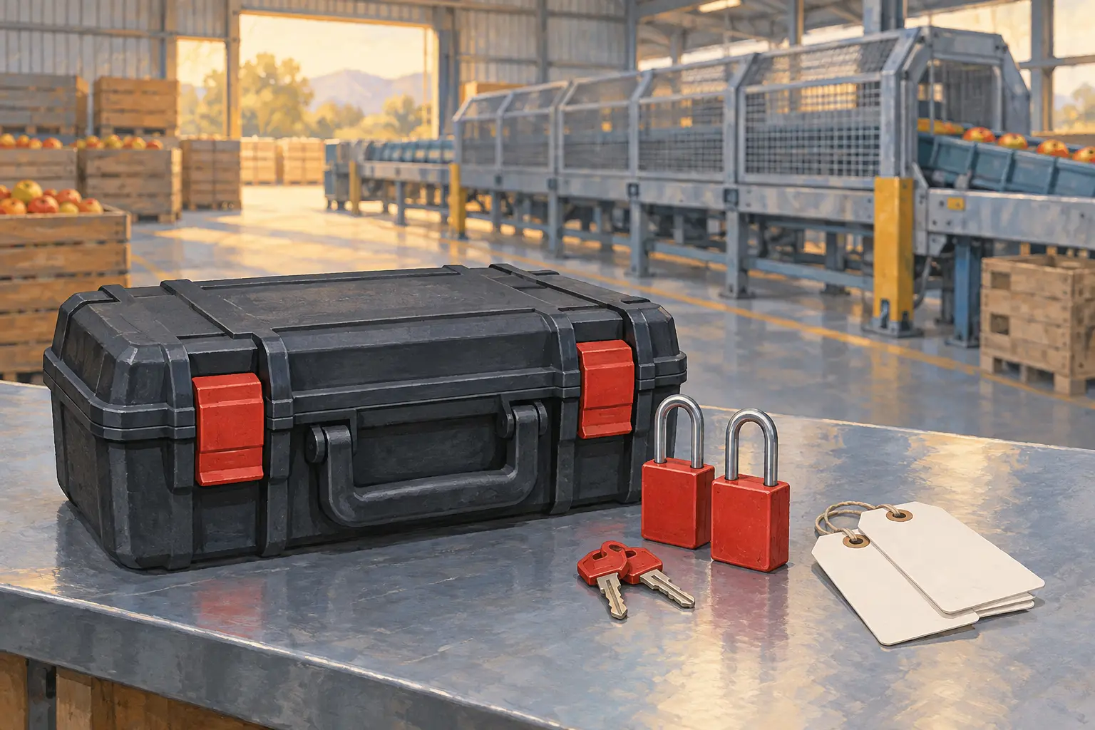 Personal safety padlocks, keys and blank tags beside a case in a packing shed.