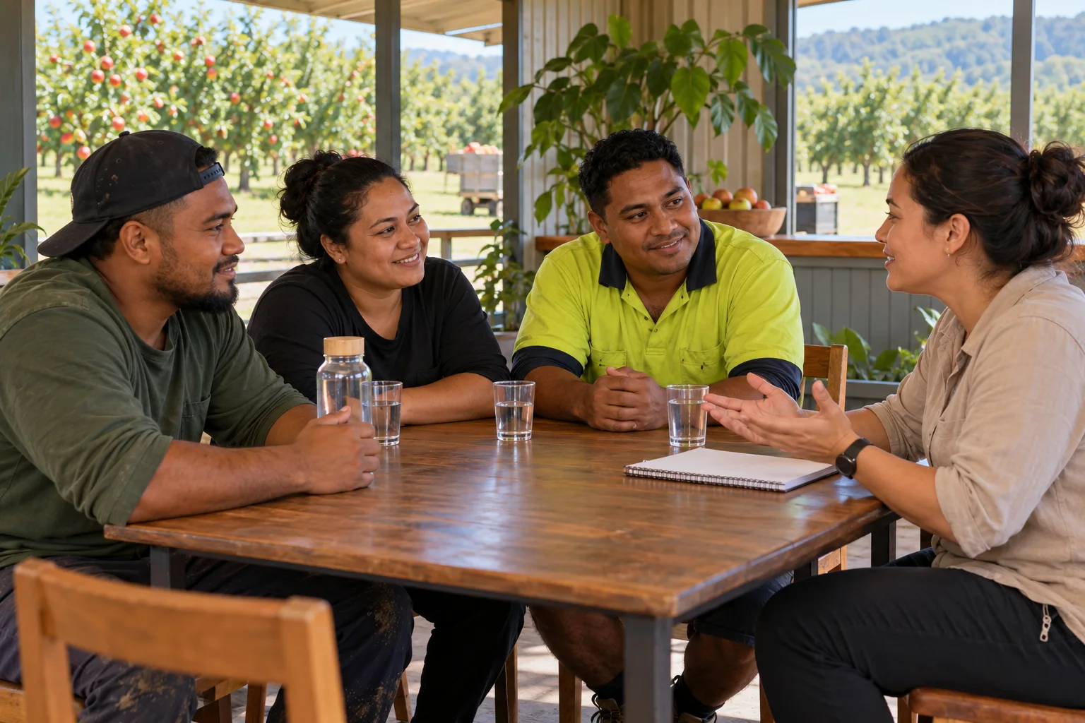 Fictional adult workers and a welfare support person talking around a table in a community room.