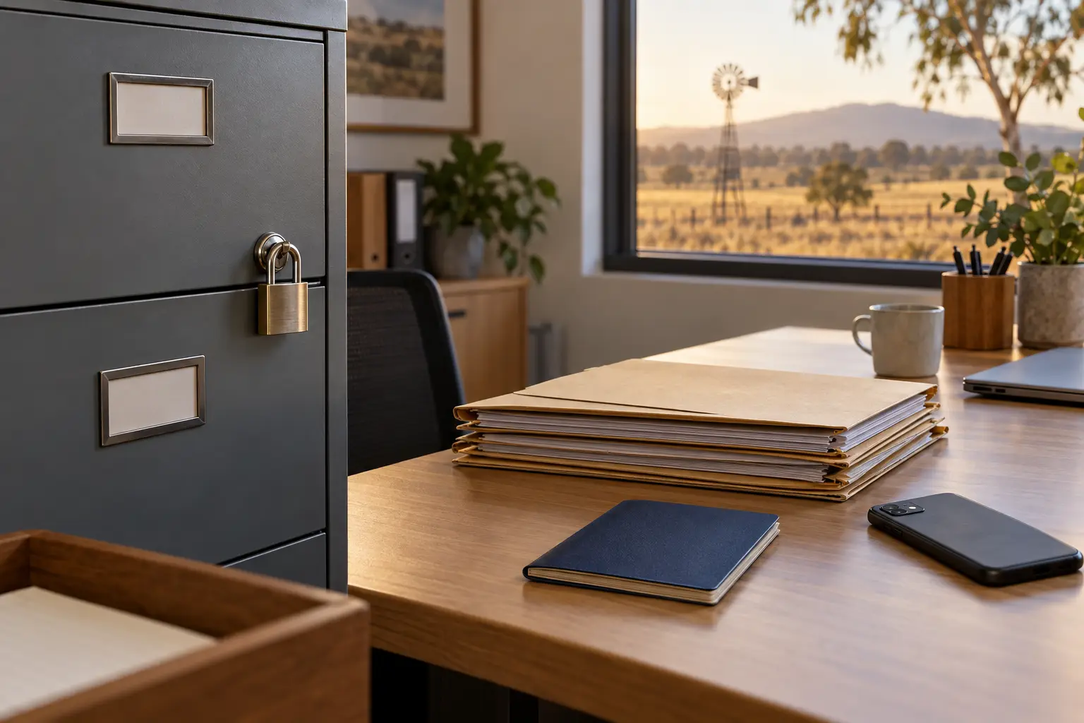 Locked filing cabinet, closed document folders and a face-down phone.