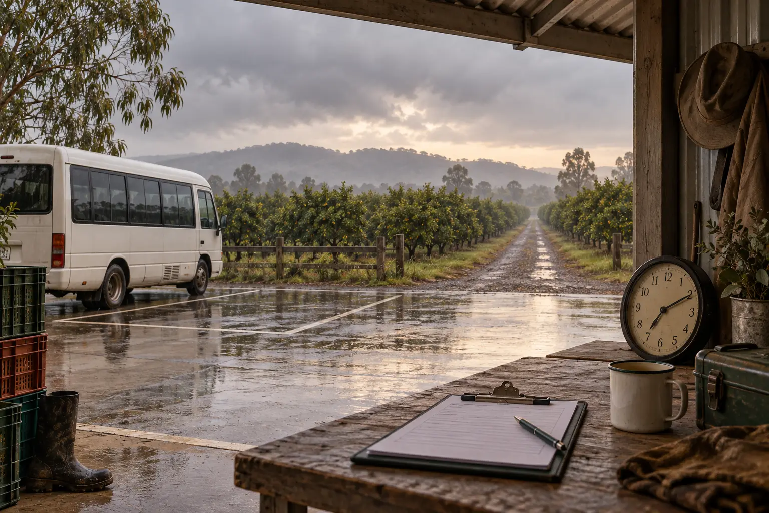 Rain-soaked orchard track with a parked minibus and sheltered clock and clipboard.