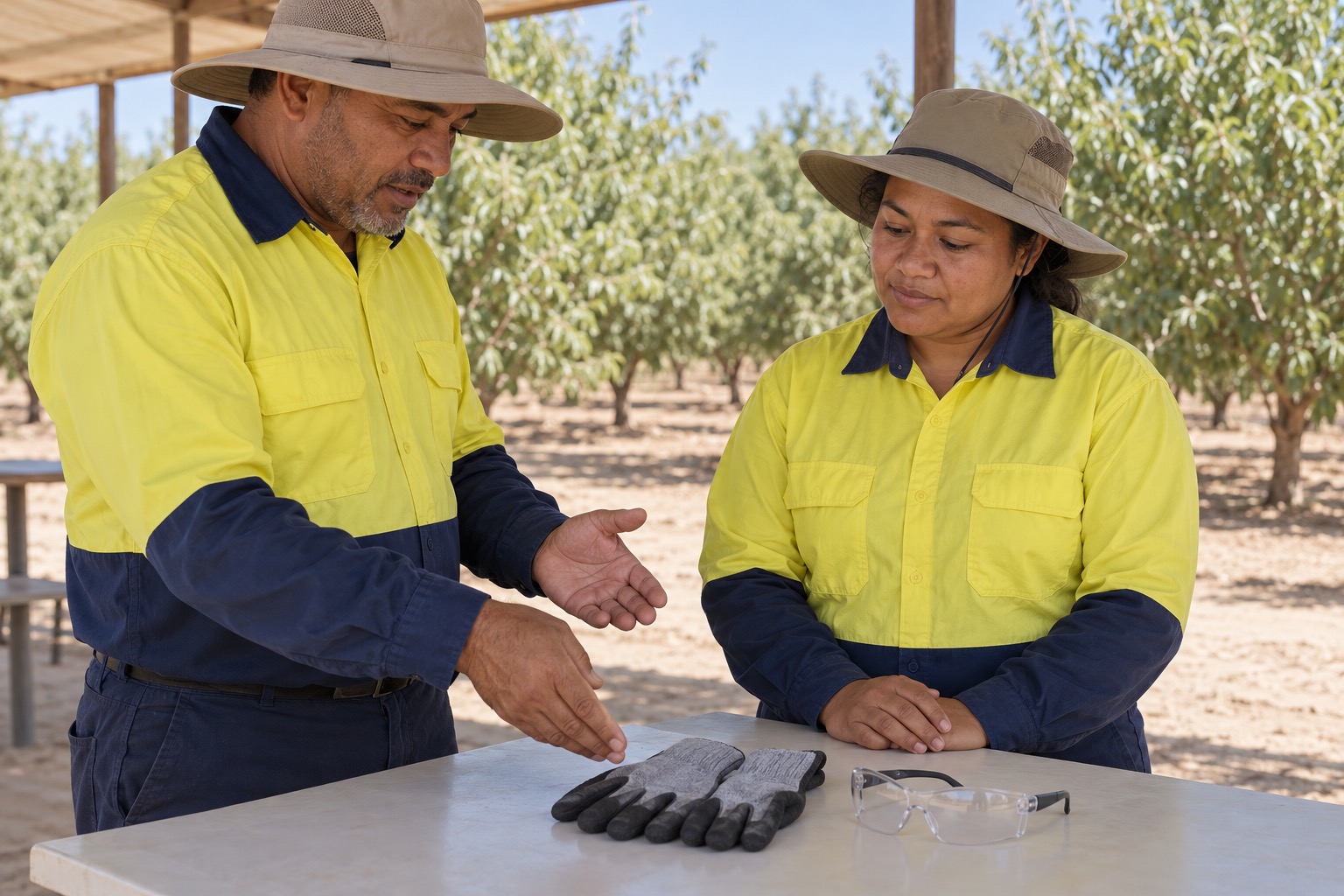 A supervisor discusses a pair of work gloves and clear protective glasses with a worker before hand work.