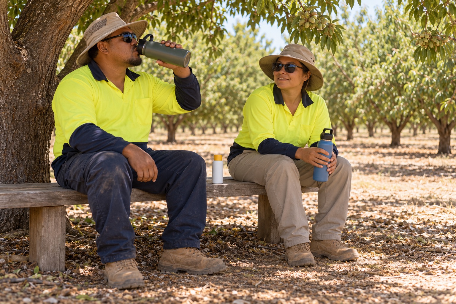 Two workers in sun hats and long sleeves take a shaded rest with personal drinking-water bottles.
