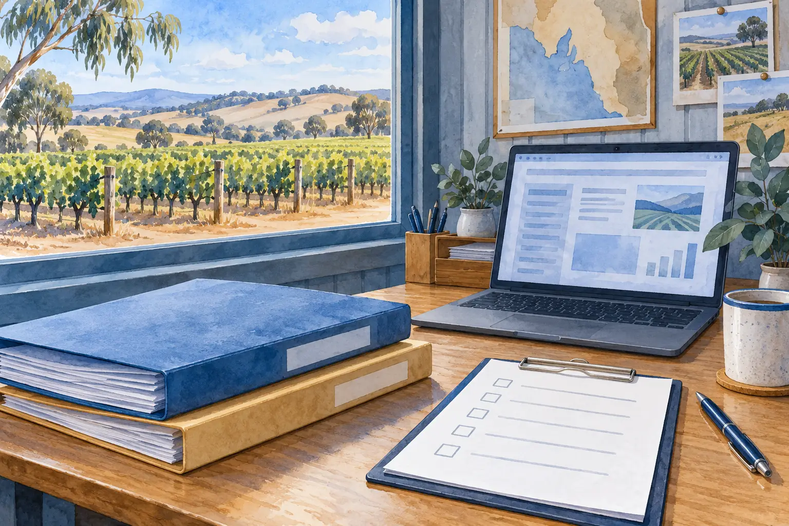 Illustrated rural office desk with plain supplier folders, blank checklist and laptop.