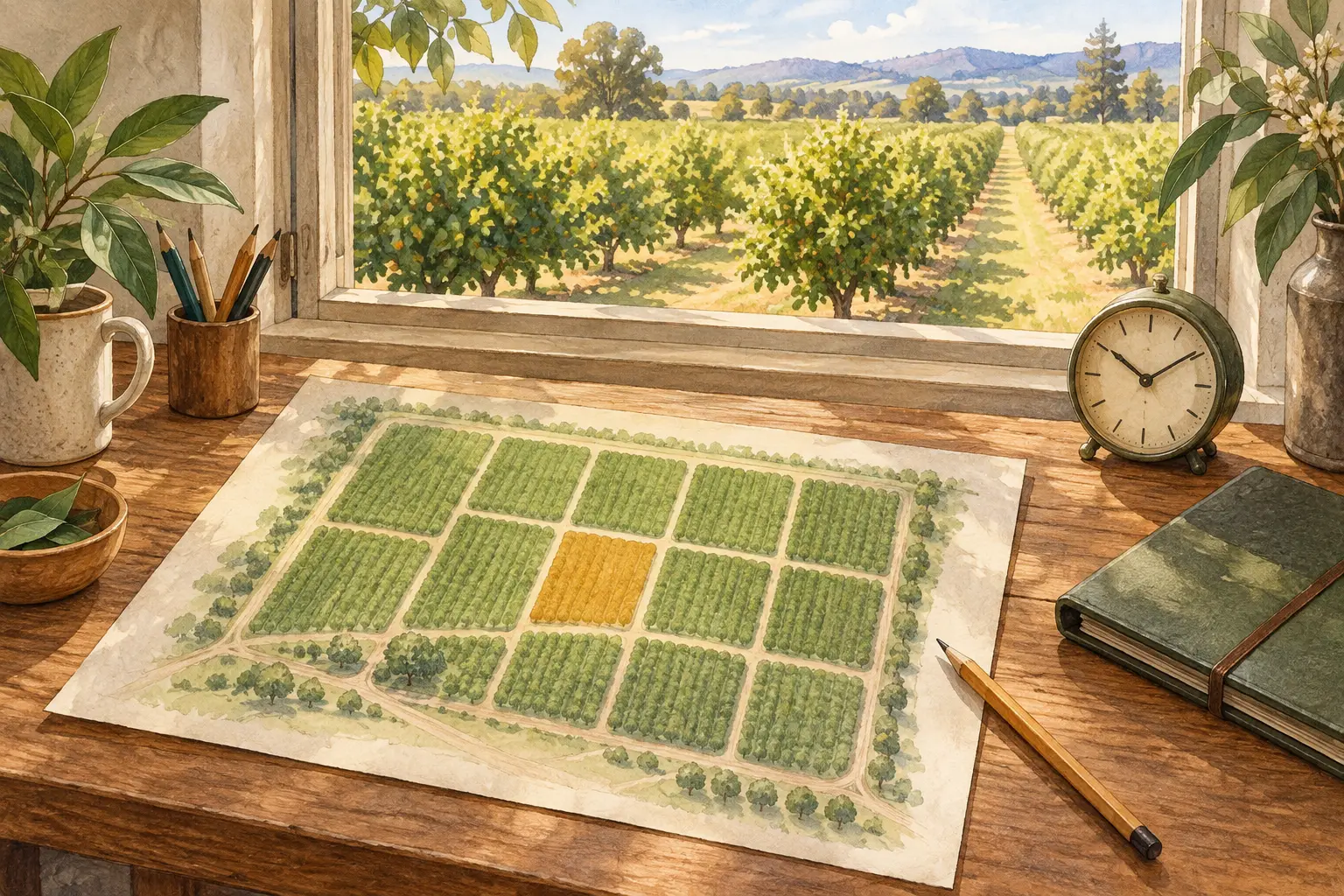 An orchard block map, clock and folder on a farm planning desk.