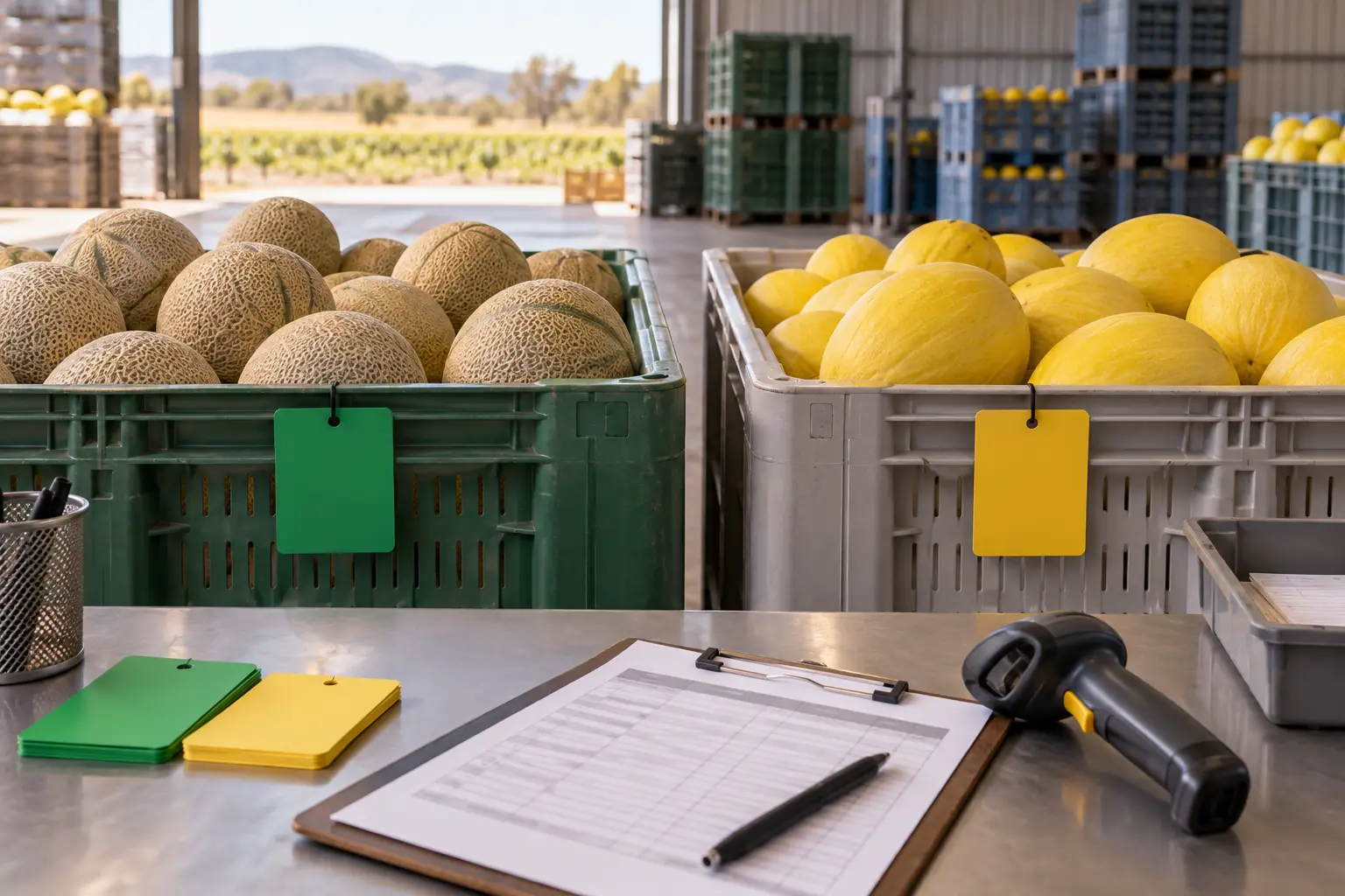 Separate melon bins with colour tags, a scanner and a dispatch record.