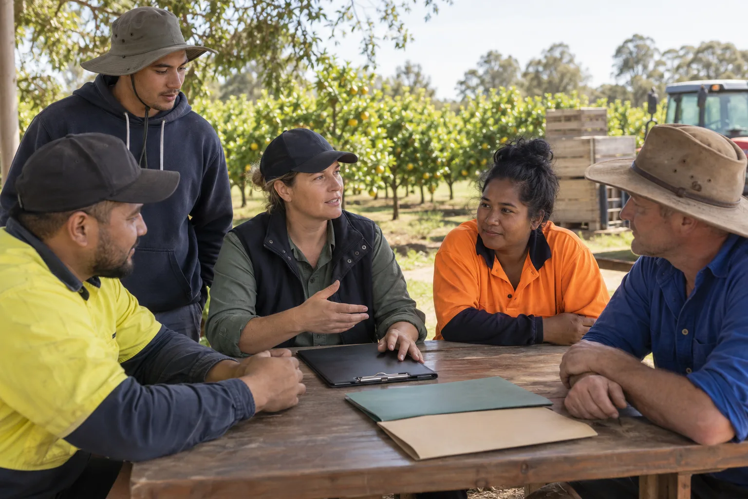 Five adults discuss a farm labour arrangement around an outdoor table beside an orchard.